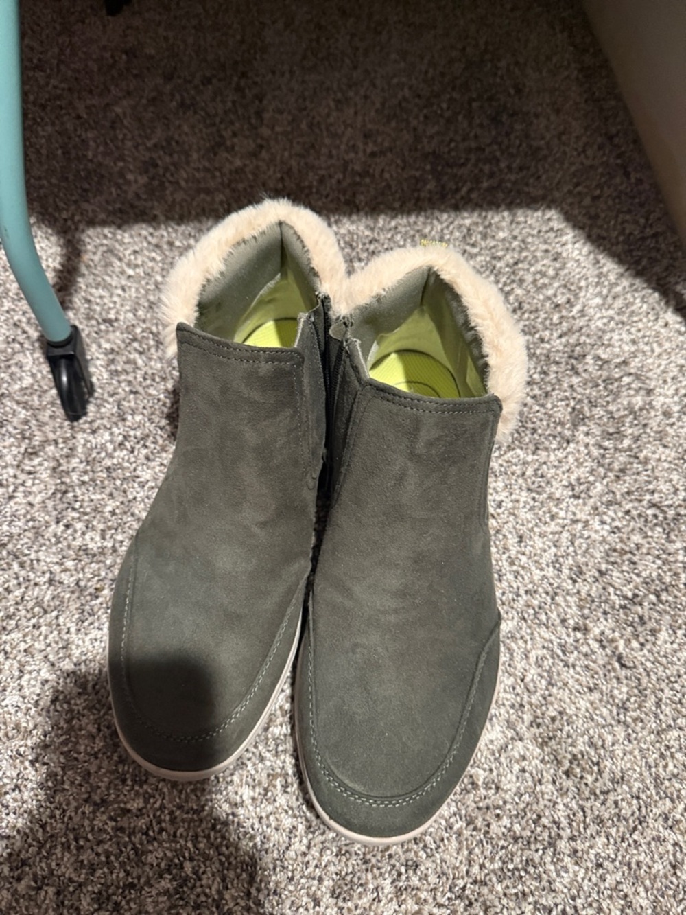 Ryka Olive Green Faux-Fur Trim Slip-On Ankle Booties